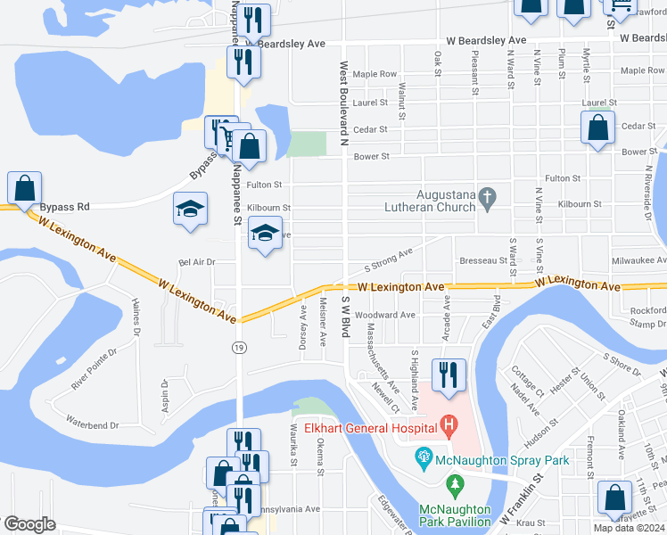 map of restaurants, bars, coffee shops, grocery stores, and more near 1613 Florence Street in Elkhart