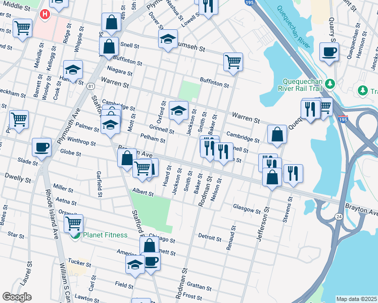 map of restaurants, bars, coffee shops, grocery stores, and more near 298 Smith Street in Fall River