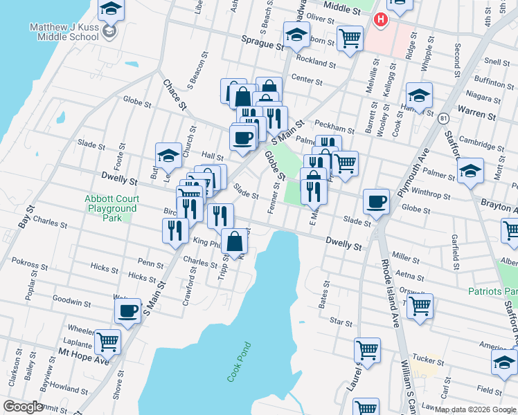 map of restaurants, bars, coffee shops, grocery stores, and more near 147 Kilburn Street in Fall River