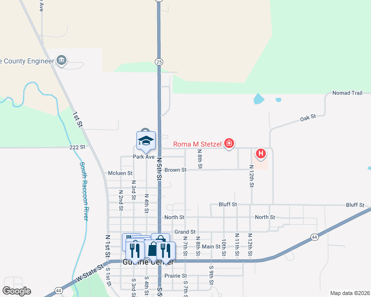 map of restaurants, bars, coffee shops, grocery stores, and more near 701 Oak Street in Guthrie Center