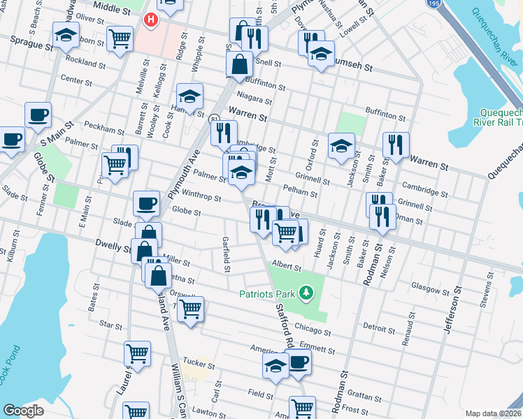 map of restaurants, bars, coffee shops, grocery stores, and more near 65 Brayton Avenue in Fall River
