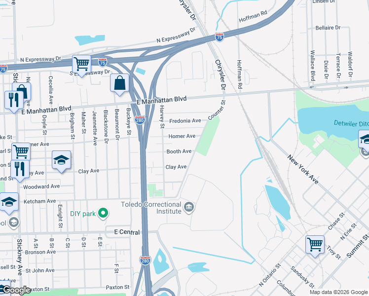 map of restaurants, bars, coffee shops, grocery stores, and more near 1842 Homer Ave in Toledo