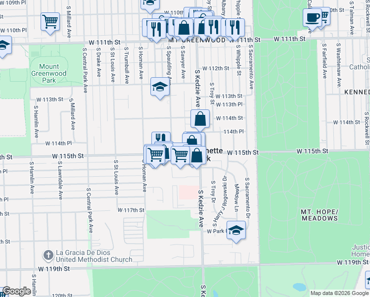 map of restaurants, bars, coffee shops, grocery stores, and more near 11456 South Sawyer Avenue in Chicago