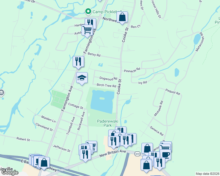 map of restaurants, bars, coffee shops, grocery stores, and more near 22 Birch Tree Road in Plainville