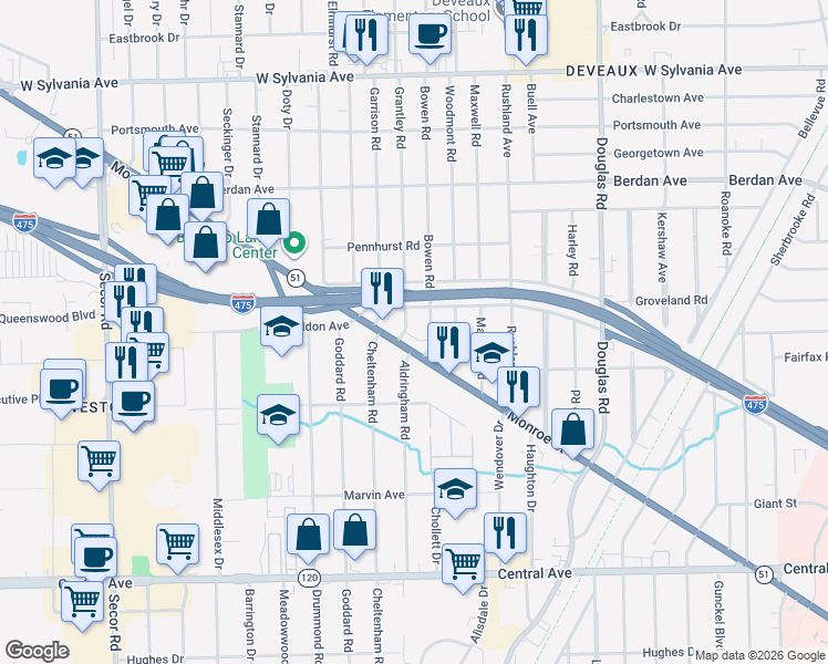 map of restaurants, bars, coffee shops, grocery stores, and more near 3555 Grantley Road in Toledo