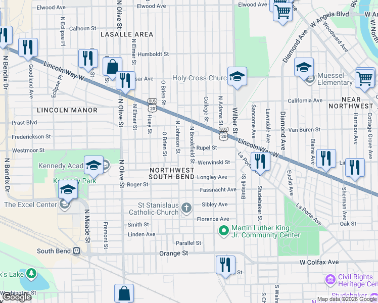 map of restaurants, bars, coffee shops, grocery stores, and more near 722 North Johnson Street in South Bend