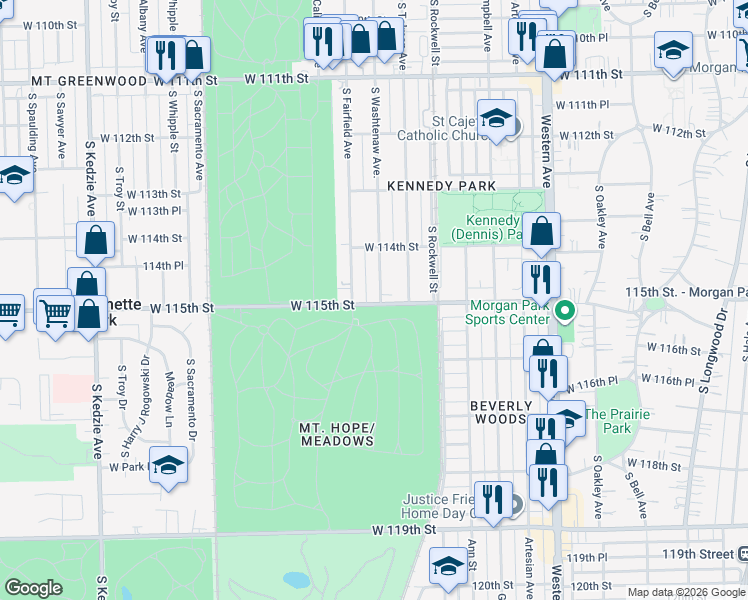 map of restaurants, bars, coffee shops, grocery stores, and more near 11458 South Washtenaw Avenue in Chicago