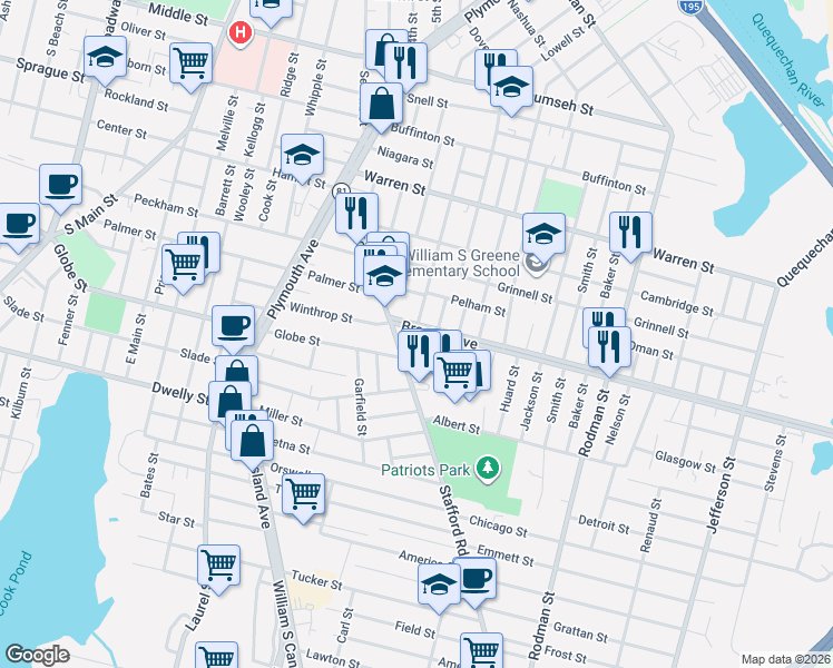 map of restaurants, bars, coffee shops, grocery stores, and more near 65 Brayton Avenue in Fall River