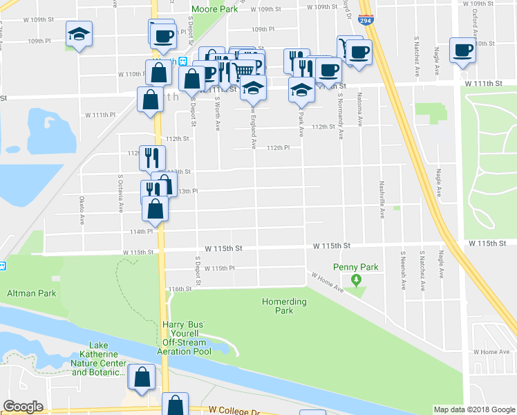 map of restaurants, bars, coffee shops, grocery stores, and more near 6898 West 114th Street in Worth