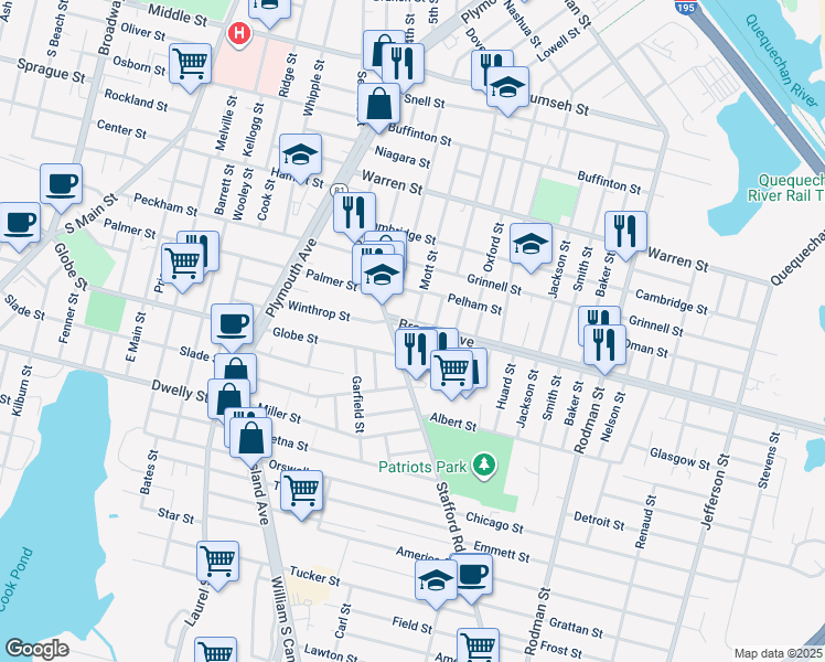 map of restaurants, bars, coffee shops, grocery stores, and more near 91 Pelham Street in Fall River