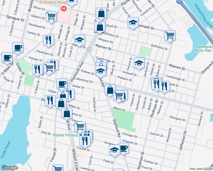 map of restaurants, bars, coffee shops, grocery stores, and more near 91 Pelham Street in Fall River