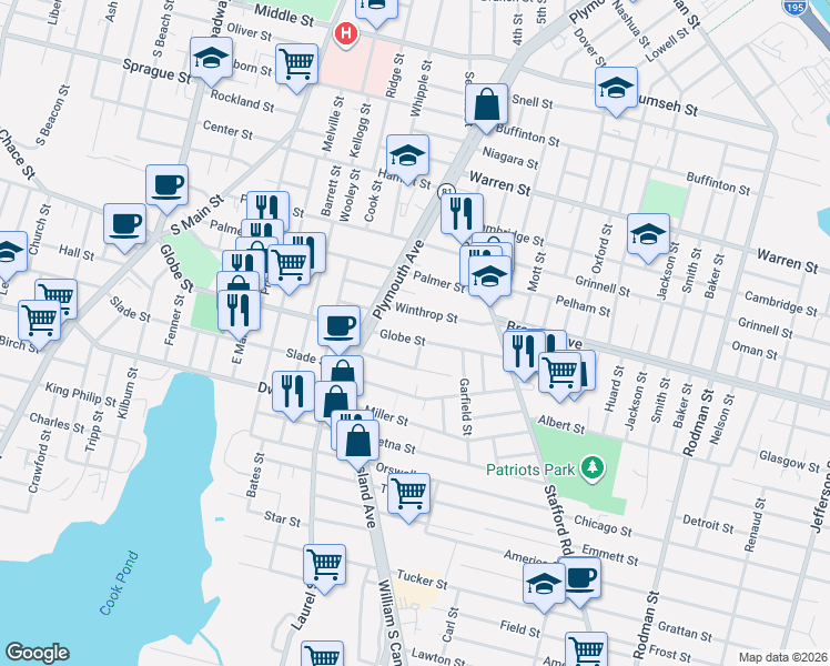 map of restaurants, bars, coffee shops, grocery stores, and more near 65 Winthrop Street in Fall River
