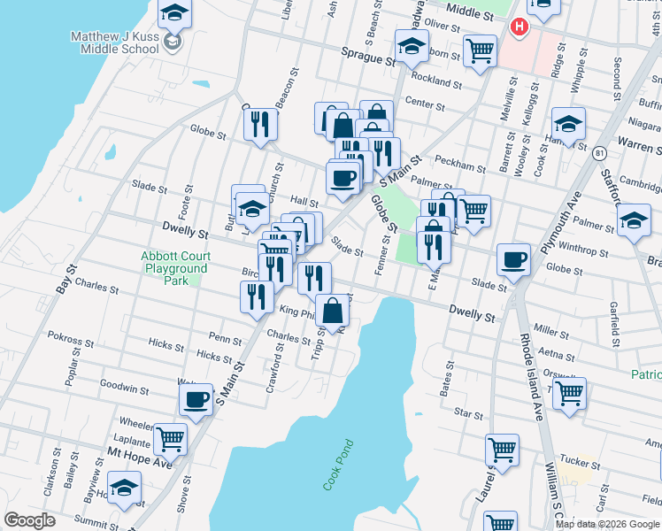 map of restaurants, bars, coffee shops, grocery stores, and more near 760 Slade Street in Fall River
