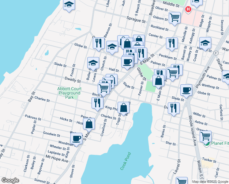 map of restaurants, bars, coffee shops, grocery stores, and more near 671 Dwelly Street in Fall River