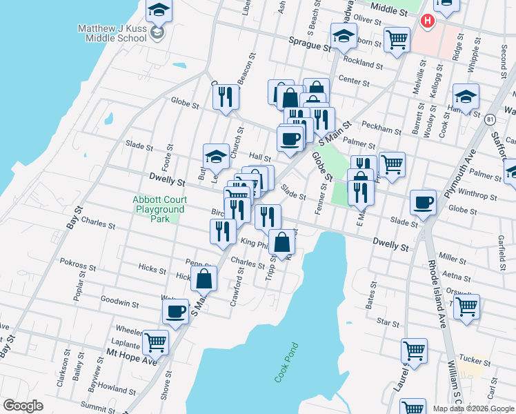 map of restaurants, bars, coffee shops, grocery stores, and more near 671 Dwelly Street in Fall River