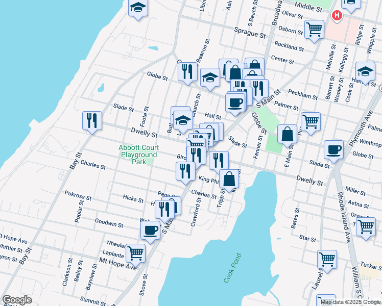 map of restaurants, bars, coffee shops, grocery stores, and more near 587 Dwelly Street in Fall River