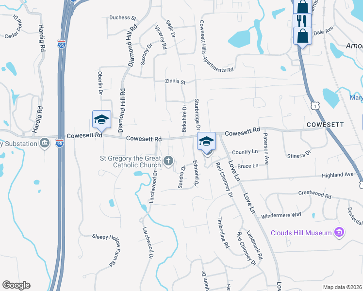 map of restaurants, bars, coffee shops, grocery stores, and more near 330 Cowesett Road in Warwick