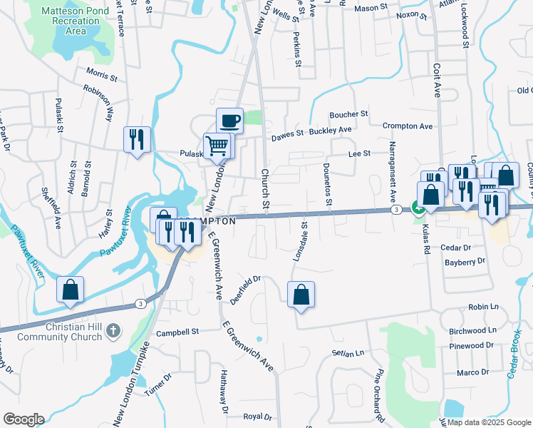 map of restaurants, bars, coffee shops, grocery stores, and more near 90 Church Street in West Warwick