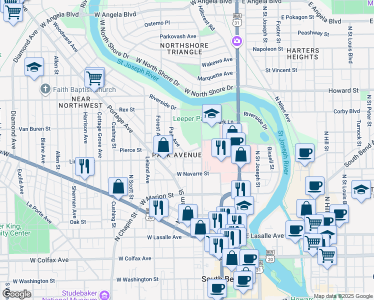 map of restaurants, bars, coffee shops, grocery stores, and more near 311 Lamonte Terrace in South Bend