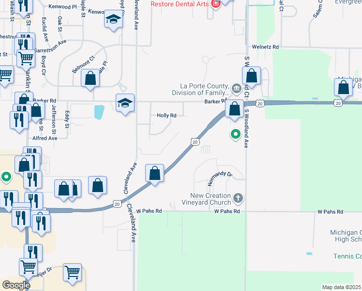 map of restaurants, bars, coffee shops, grocery stores, and more near 802 Highway 20 in Michigan City