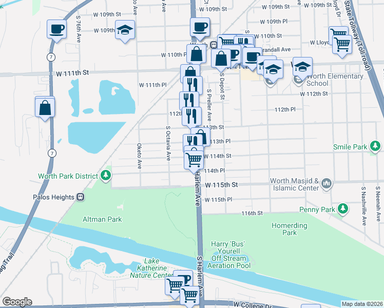 map of restaurants, bars, coffee shops, grocery stores, and more near 7215 West 113th Place in Worth