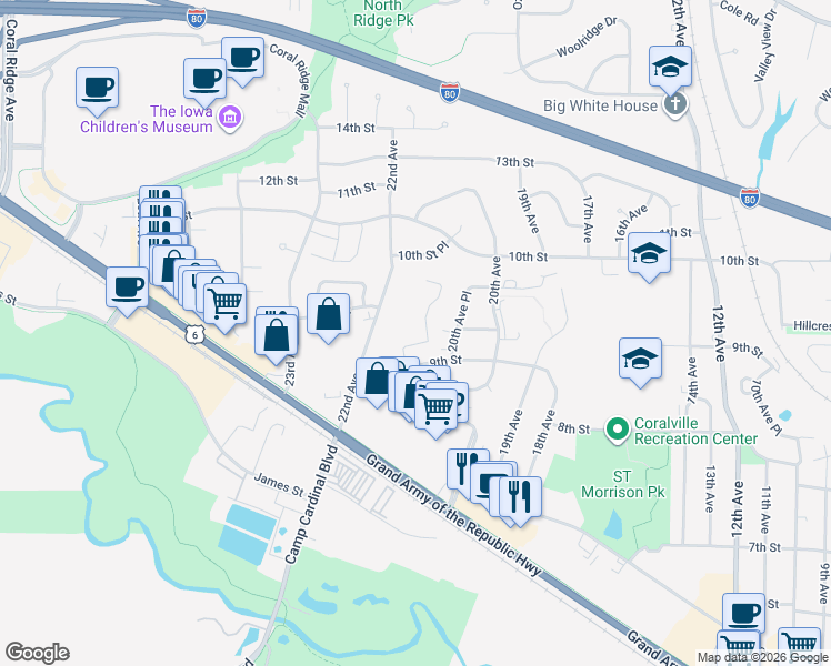 map of restaurants, bars, coffee shops, grocery stores, and more near 1104 21st Avenue Place in Coralville