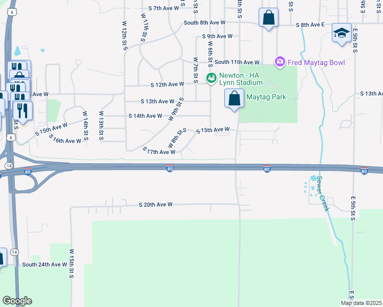 map of restaurants, bars, coffee shops, grocery stores, and more near 1600 West 7th Street South in Newton