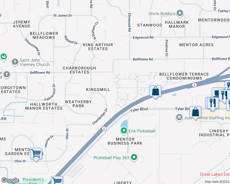 map of restaurants, bars, coffee shops, grocery stores, and more near 6853 Colonial Drive in Mentor