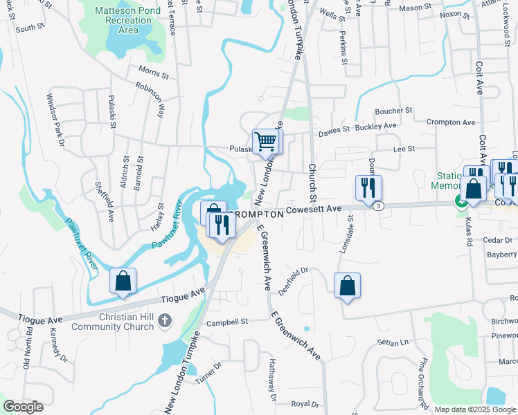 map of restaurants, bars, coffee shops, grocery stores, and more near 1700 Main Street in West Warwick