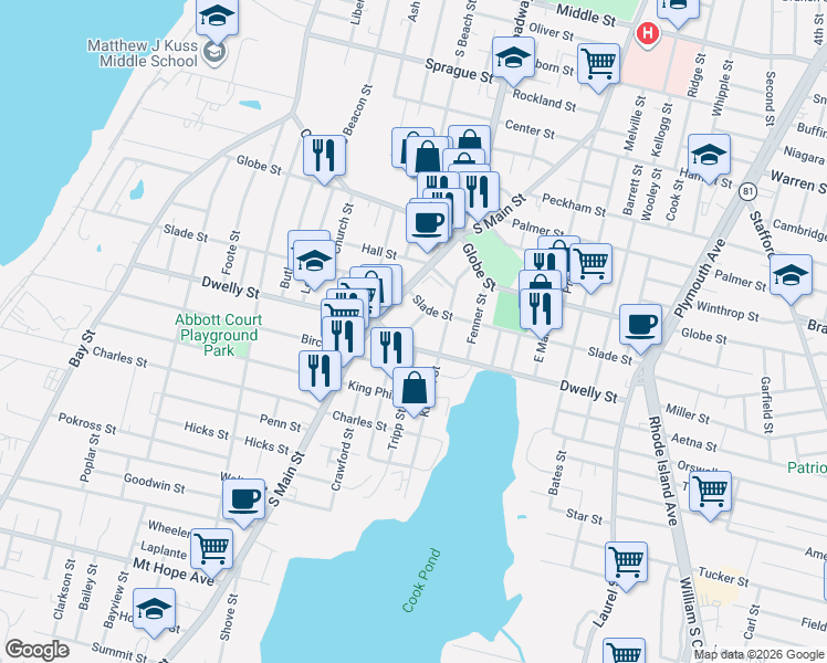 map of restaurants, bars, coffee shops, grocery stores, and more near 760 Slade Street in Fall River
