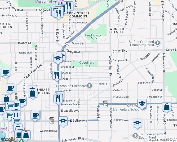 map of restaurants, bars, coffee shops, grocery stores, and more near 1306 Chalfant Street in South Bend