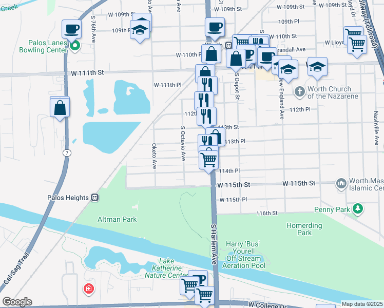 map of restaurants, bars, coffee shops, grocery stores, and more near 7236 West 114th Street in Worth