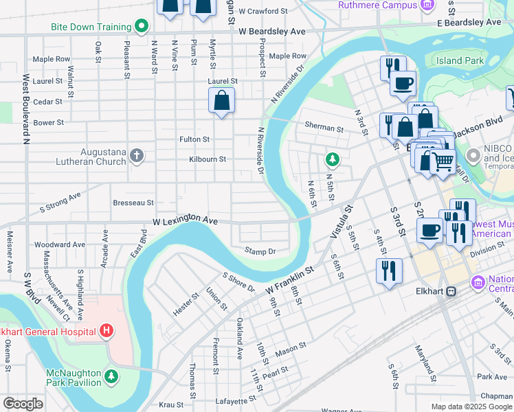 map of restaurants, bars, coffee shops, grocery stores, and more near 659 Milwaukee Avenue in Elkhart