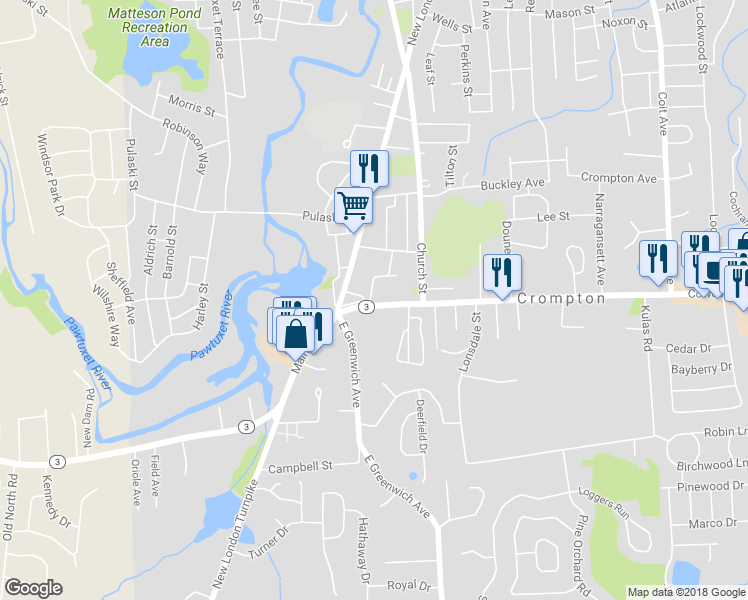 map of restaurants, bars, coffee shops, grocery stores, and more near 22 Cowesett Avenue in West Warwick