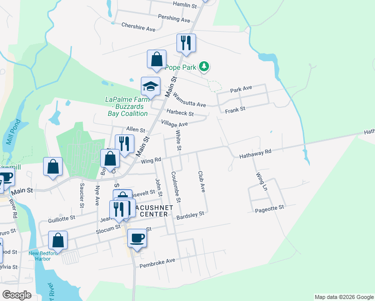 map of restaurants, bars, coffee shops, grocery stores, and more near 65 Wing Road in Acushnet