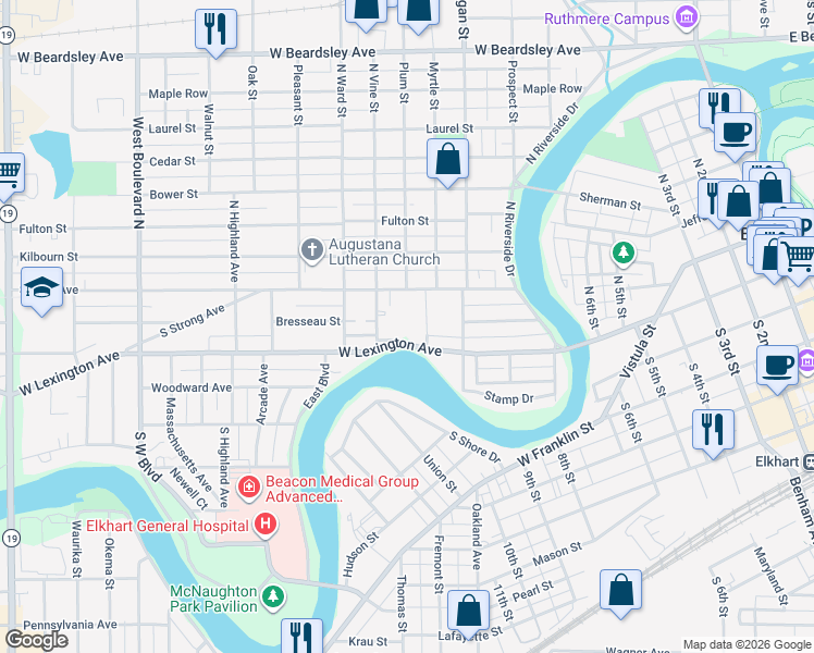map of restaurants, bars, coffee shops, grocery stores, and more near 819 Strong Ave in Elkhart