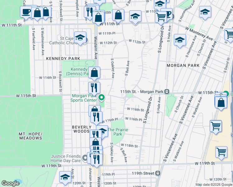 map of restaurants, bars, coffee shops, grocery stores, and more near 11452 South Bell Avenue in Chicago