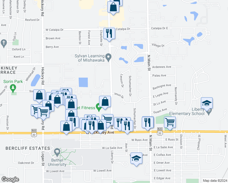 map of restaurants, bars, coffee shops, grocery stores, and more near 354 Imus Drive in Mishawaka