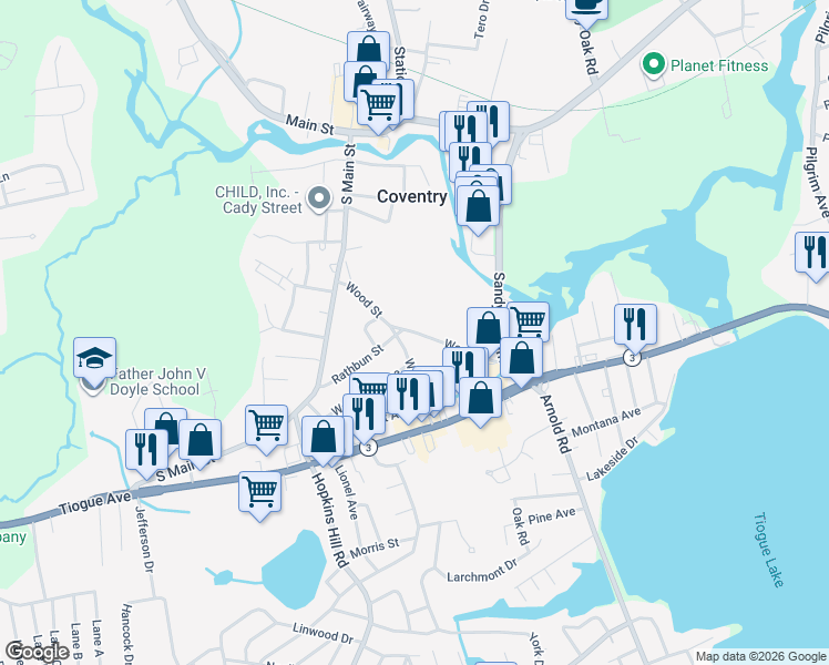 map of restaurants, bars, coffee shops, grocery stores, and more near Wood Street in Coventry