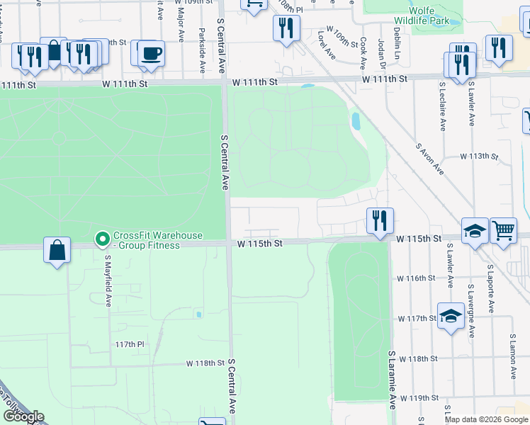 map of restaurants, bars, coffee shops, grocery stores, and more near 5432 Foxwoods Drive in Oak Lawn