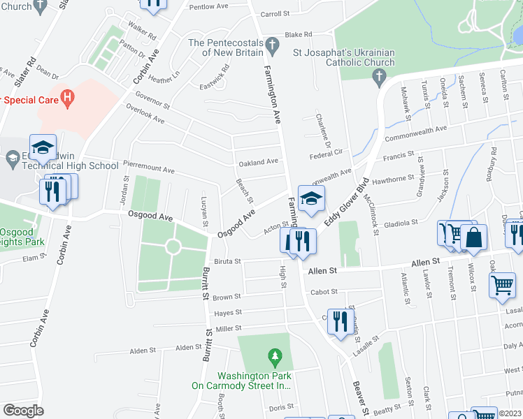 map of restaurants, bars, coffee shops, grocery stores, and more near 54 Osgood Avenue in New Britain