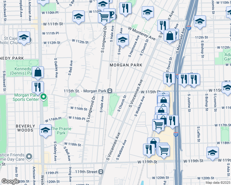 map of restaurants, bars, coffee shops, grocery stores, and more near 11500 South Homewood Avenue in Chicago