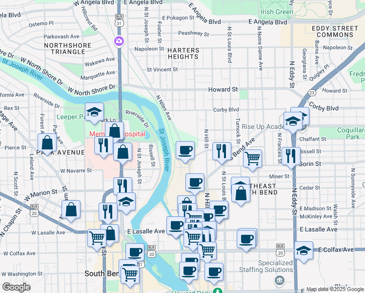 map of restaurants, bars, coffee shops, grocery stores, and more near 701 North Niles Avenue in South Bend
