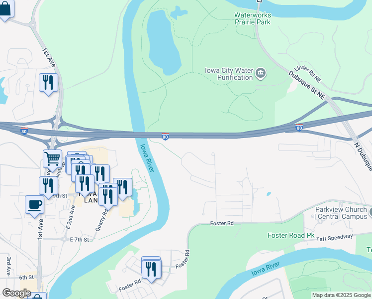 map of restaurants, bars, coffee shops, grocery stores, and more near 1017 Manitou Trail in Iowa City
