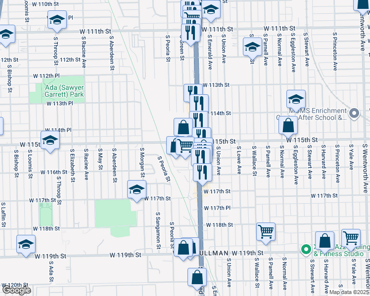map of restaurants, bars, coffee shops, grocery stores, and more near 833 W 115th St in Chicago