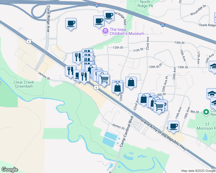 map of restaurants, bars, coffee shops, grocery stores, and more near 934 Boston Way in Coralville