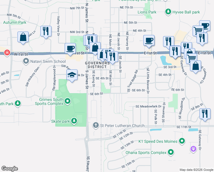 map of restaurants, bars, coffee shops, grocery stores, and more near 410 Southeast Main Street in Grimes