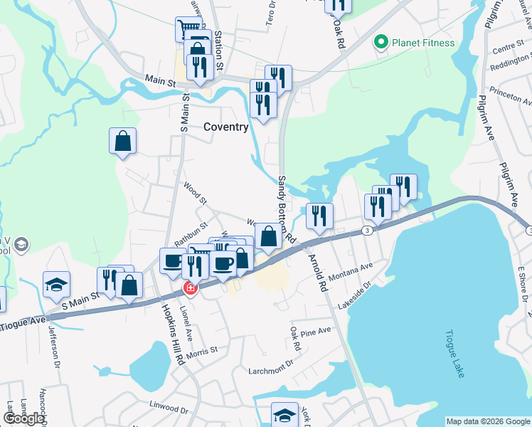 map of restaurants, bars, coffee shops, grocery stores, and more near 90 Wood Street in Coventry