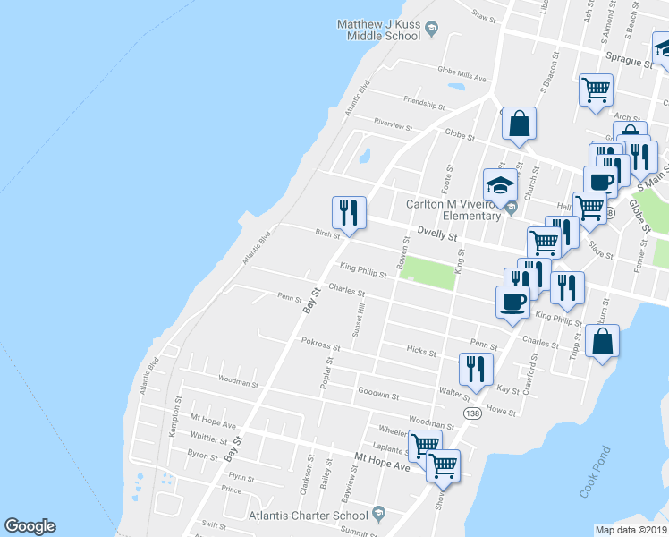 map of restaurants, bars, coffee shops, grocery stores, and more near 199 King Philip Street in Fall River