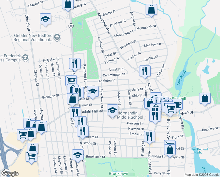 map of restaurants, bars, coffee shops, grocery stores, and more near 145 Maryland Street in New Bedford
